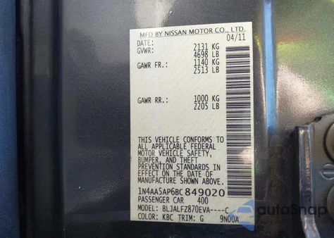 2011 Nissan Maxima 3.5 Sv z USA, uszkodzony, nr VIN 1N4AA5AP6BC849020